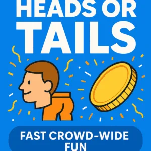 Fun fundraiser game Heads or Tails with cartoon head, tails, and a spinning coin on a bright background.
