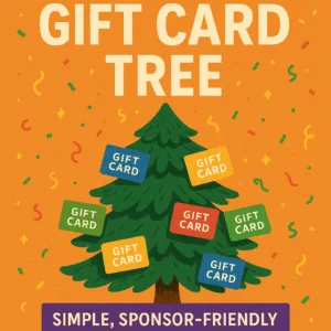 Gift Card Tree fundraiser display with a tree decorated with colorful gift cards and confetti, highlighting sponsor-friendly fundraising.