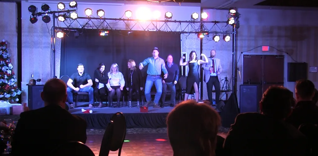Professional party entertainment at a corporate event with interactive live performance